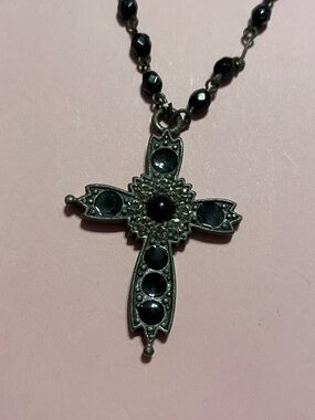 Signed Robert Rose Jet Bead Cross Necklace #9171